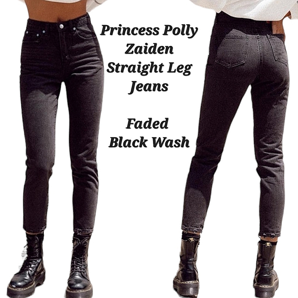 Princess Polly Zaiden Straight Leg Jeans Faded Black Wash Denim Distressed 4